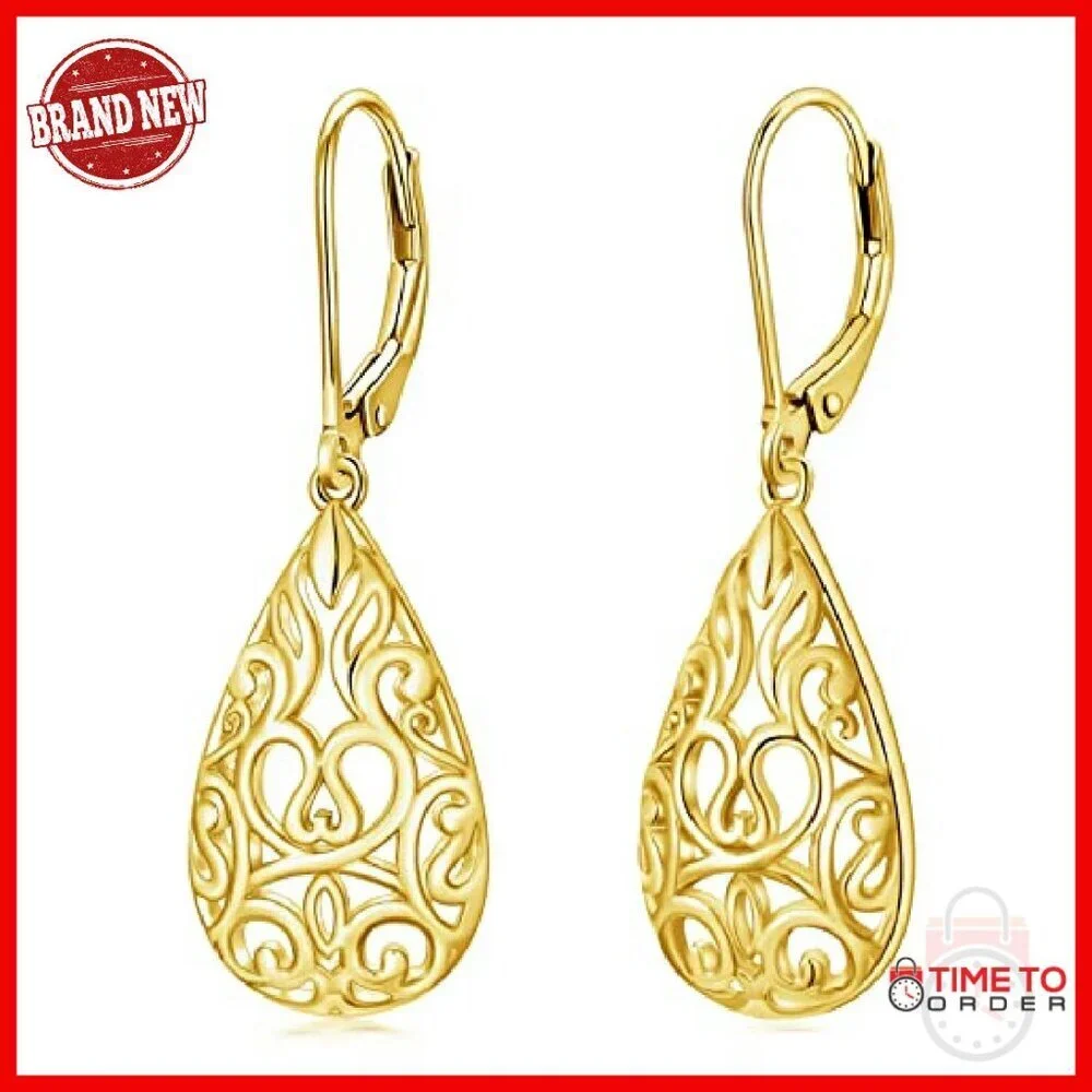 Sterling Silver Teardrop Dangle Earrings Filigree Leverback Hypoallergenic